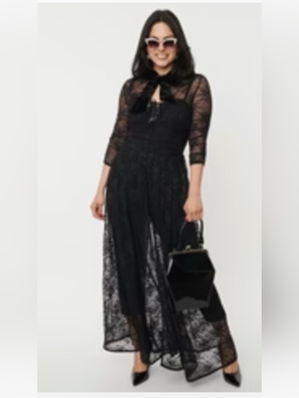 Unique Vintage Black Long-Sleeve Lace duster.